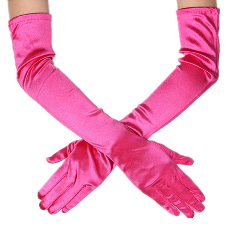 DreamHigh Women's Party Wedding 21" Long Satin Finger Gloves Rose - Image 1